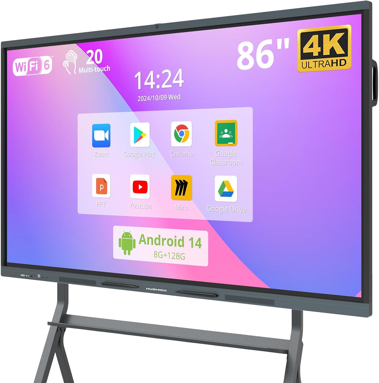 HUSHIDA 86″ Smart Board, 4K UHD Interactive Whiteboard with Android 14 System and 13MP Camera, All in One Digital Whiteboard for Home, Classroom and Business (Wall Mount Included)