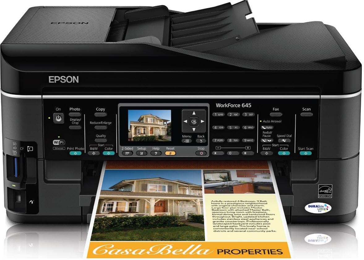 Epson WorkForce 645 Wireless All-in-One Color Inkjet Printer, Copier, Scanner, Fax, iOS/Tablet/Smartphone/AirPrint Compatible (C11CB86201)