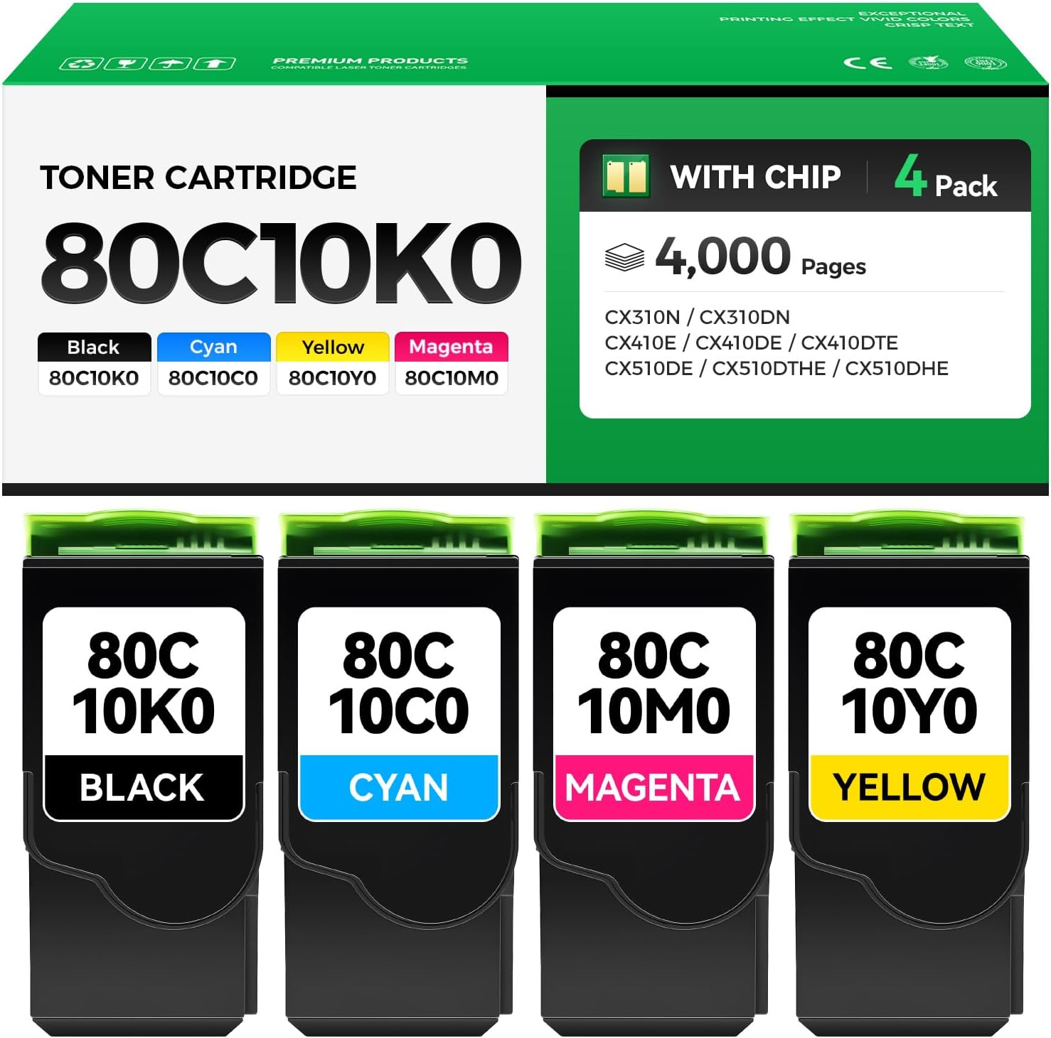 80C10K0 80C10C0 80C10M0 80C10Y0 Toner Cartridge Set 4-Pack Replacement Compatible with Lexmark CX310N CX310DN CX410E CX410DE CX410DTE CX510DE CX510DTHE CX510DHE Printer Ink Black Cyan Magenta Yellow
