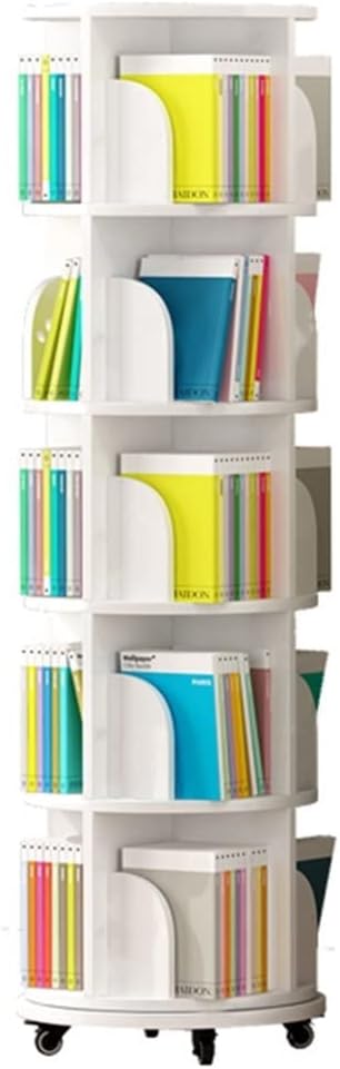Bookcases Rotating Bookshelf 360° Bookshelf with Wheels Flooring Picture Book Shelf Multi-Level Storage Shelves White (Size : 50.5 * 159cm)