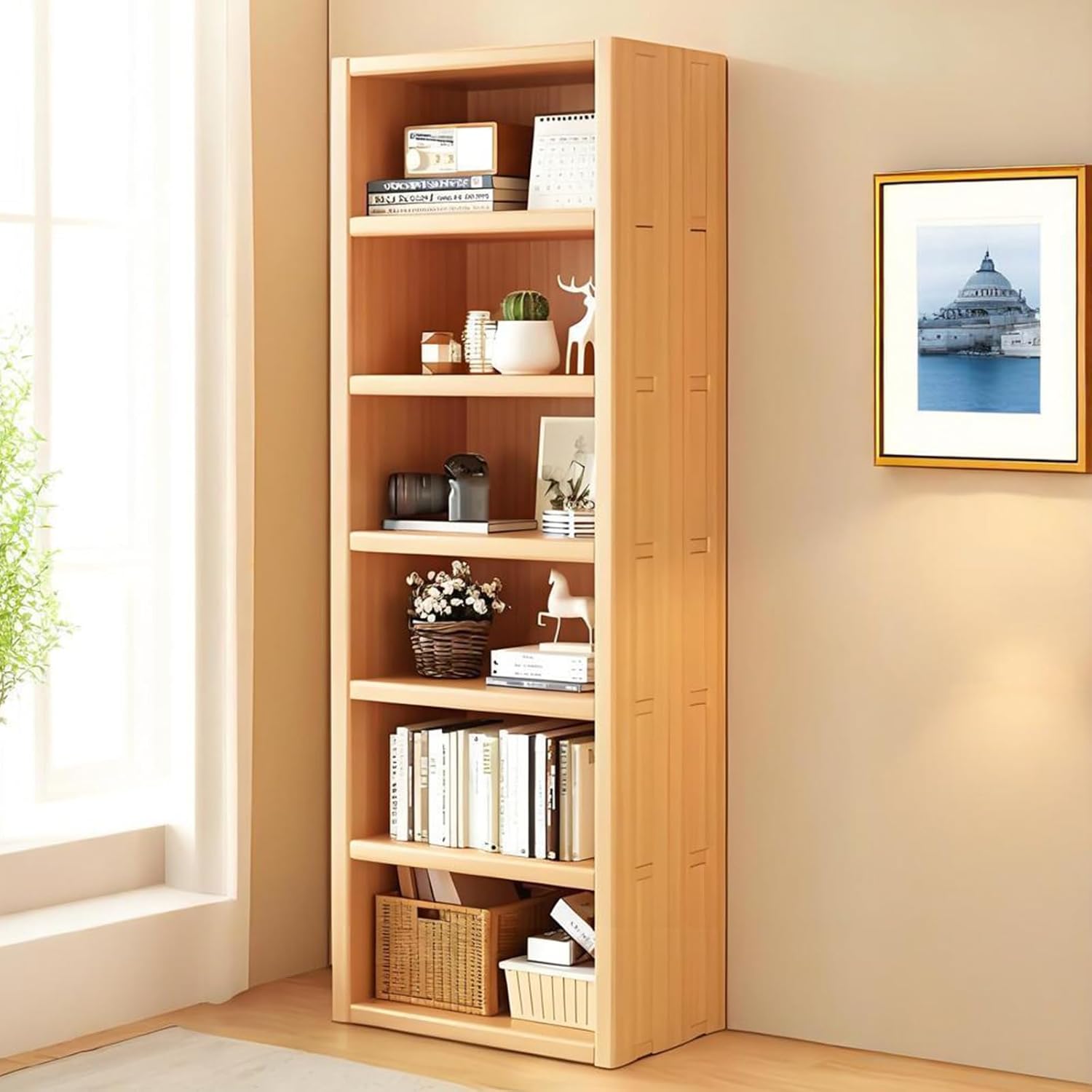 HKJBEQU Modern Open Bookcase, Multi-Layer Wooden Bookshelf, Freestanding Storage Cabinet for Living Room, Bedroom, Study, Log Color Log Color 6-layer70.8×31.5×11.8in