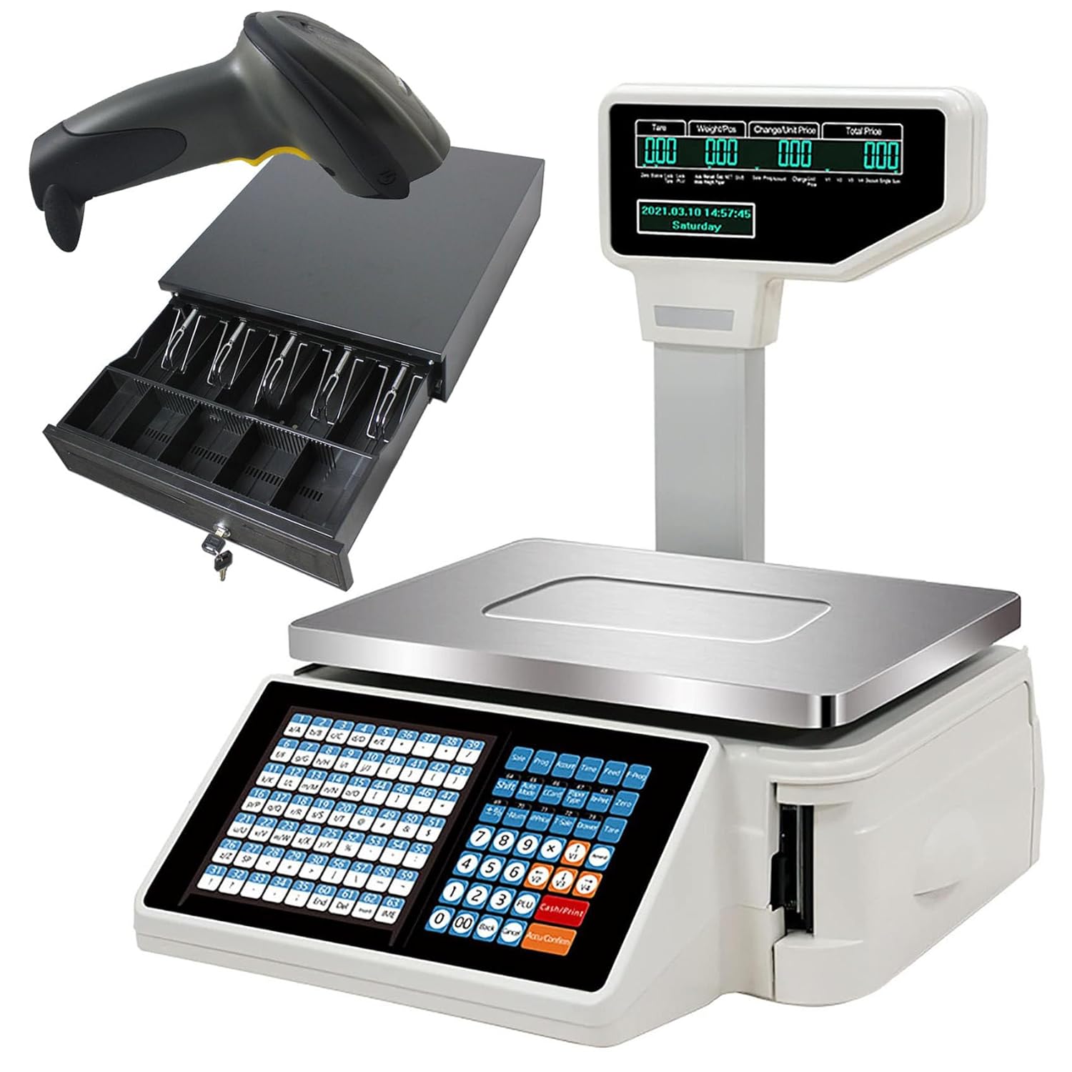 Electronic Weight Calculator Barcode Scales, Digital Price Label Printing Scale, 30kg/66.14 lbs Capacity, for Supermarket/Retail Store/Warehouse Weighing (A+CashBox+SerialScanner)