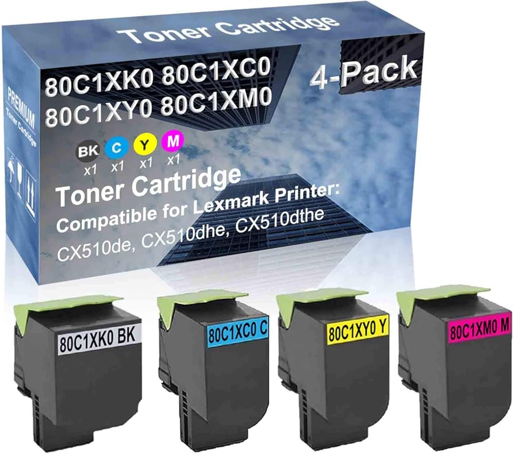 4-Pack (BK+C+Y+M) Compatible High Yield 80C1XK0+ 80C1XC0+ 80C1XY0+ 80C1XM0 Laser Printer Toner Cartridge Used for CX510de, CX510dhe, CX510dthe Printer