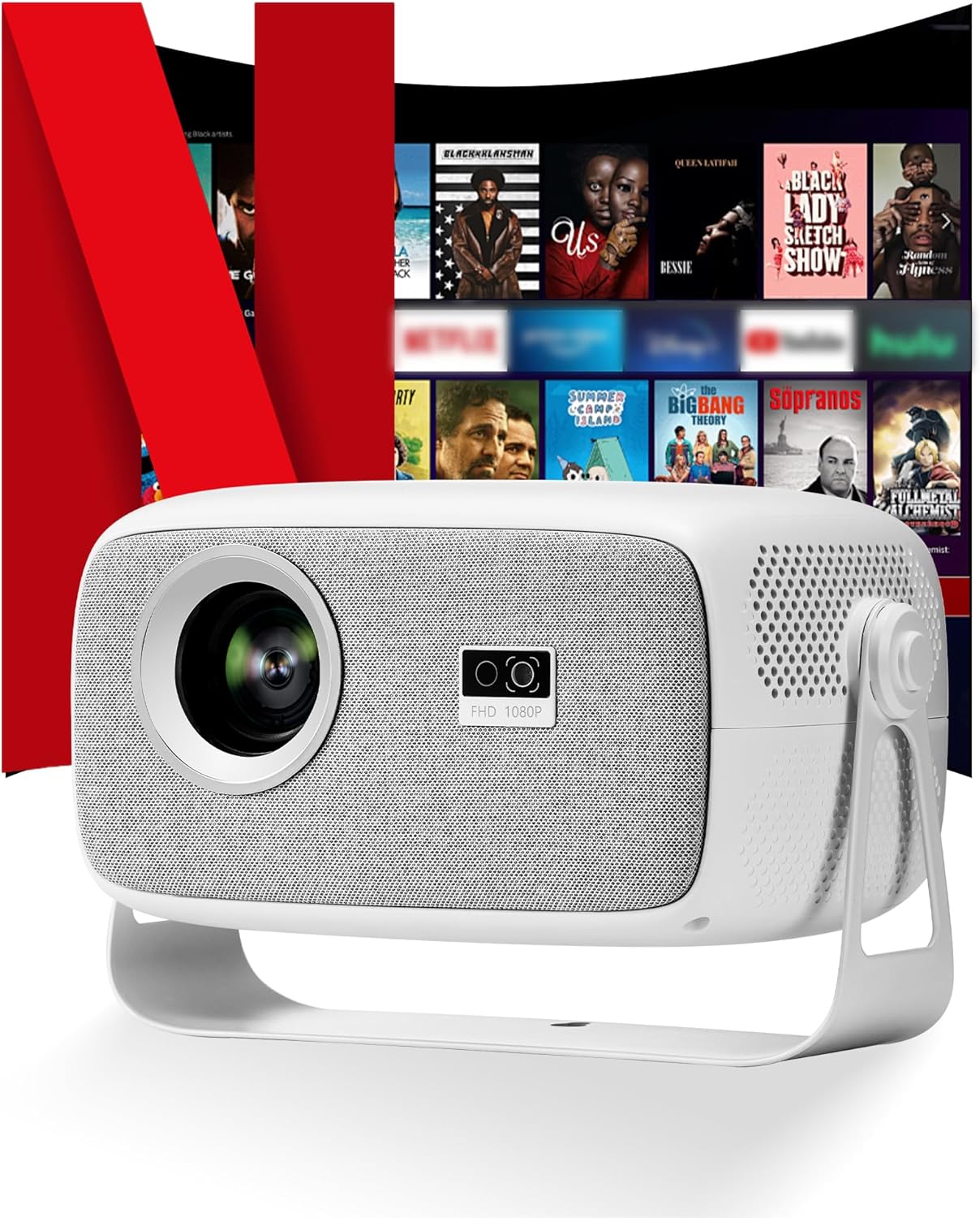 【Official Licensed Netflix & Electric Focus】Mini Projector with WIFI and Bluetooth, 270° rotation, Braided fabric design, Outetrails Native 1080P Movie Projector with Built-in Speaker, 900ANSI, White
