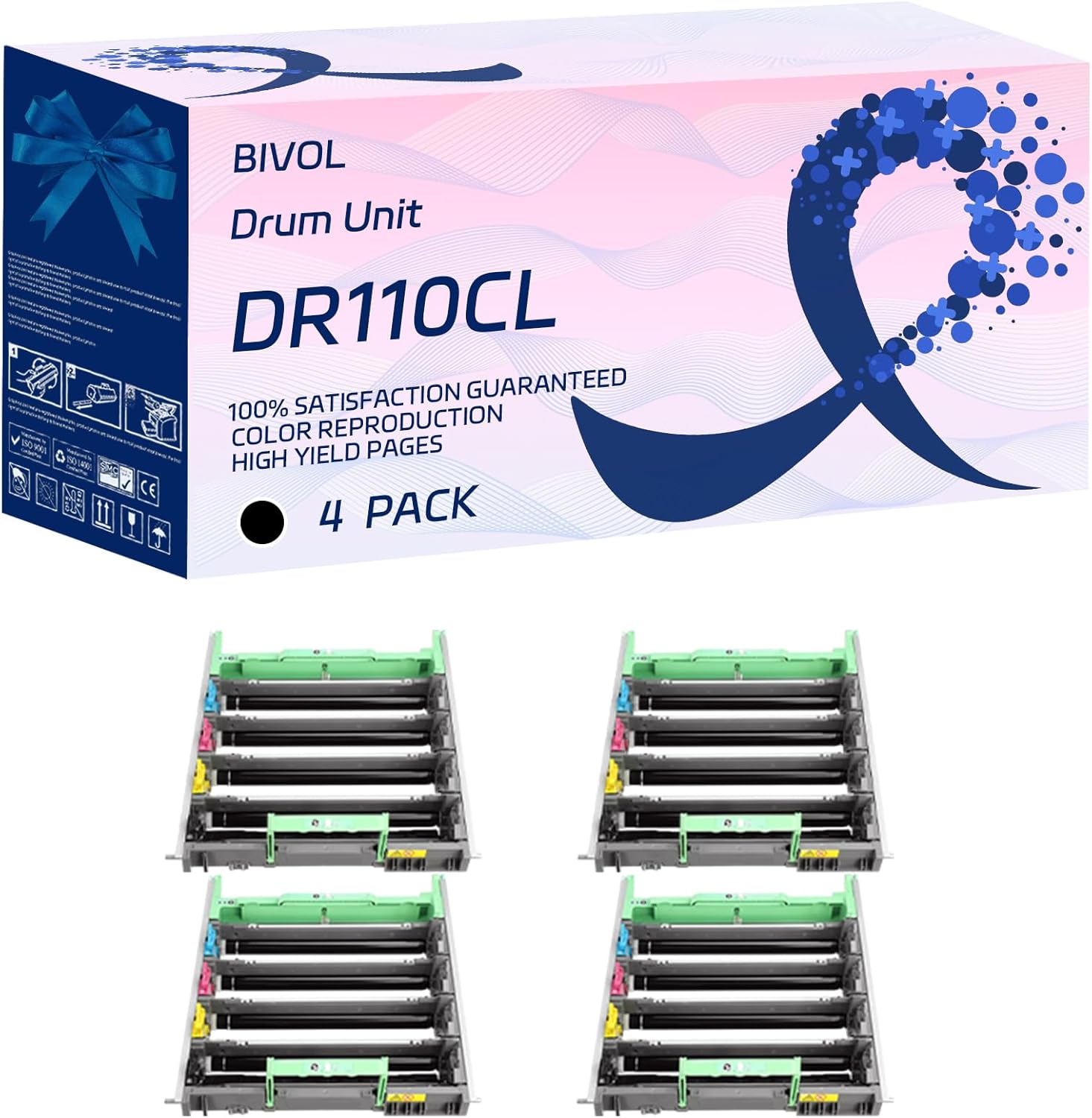 DR110CL Drum Unit Compatible for Brother MFC-9440CN 9450CDN 9840CDW Printers, with Chip, High Yield 27000 Pages, Vivid Colors (4 Pack Black)