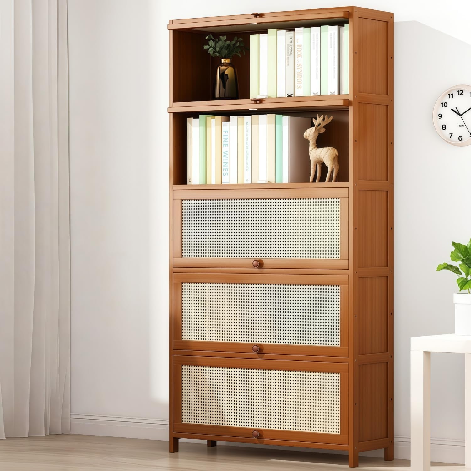 Smilkat Bamboo Bookshelf with Doors, Rattan Style Multi-Tier Bookcase with Woven Design, Storage Cabinet for Living Room, Bedroom, Home Office Organizer (5-Shelf,31.5