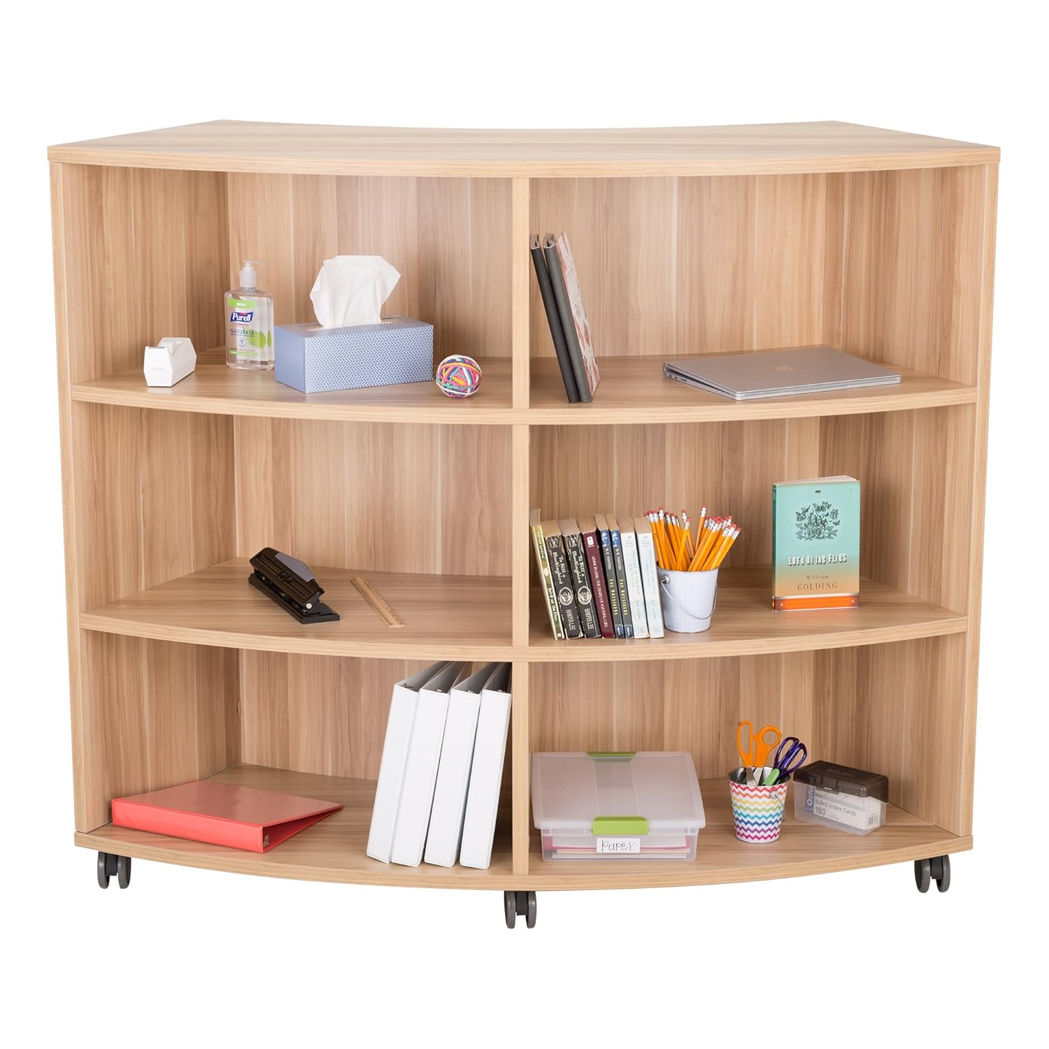 Learniture Curved Mobile Shelving/Bookcase, Six Openings, Dark Natural, LNT-AVO3001DM-SO