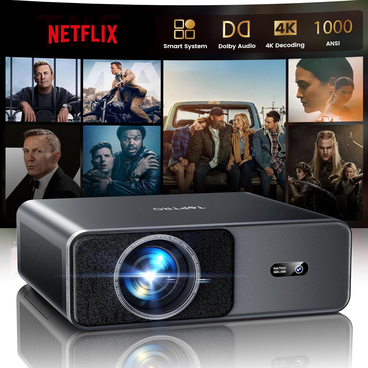 TOPTRO Smart Video Projector, Black, 1920x1080P Native Resolution, 500 ANSI Lumens, 16:9 Aspect Ratio, 30-120 Inch Display, Remote Control, for Home Theater