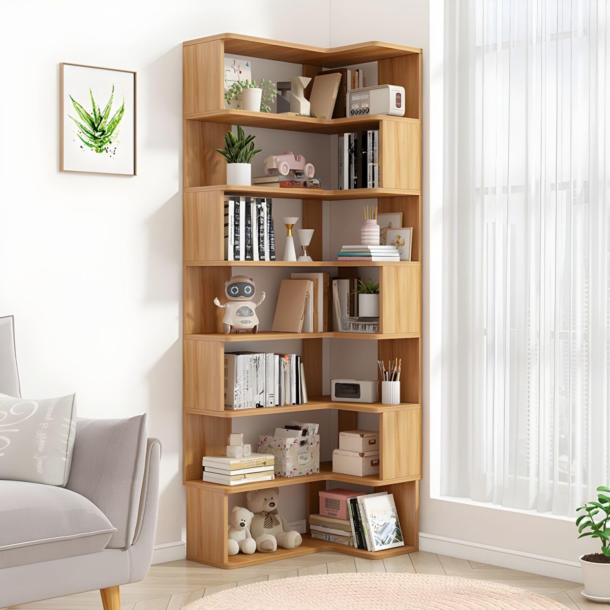 KWOKING Light Wood Corner Bookcase with Open Back Design & Shelves Wooden Bookshelf Student Book Rack Corner Floor Cabinet Multi-Layer Storage Shelf Economical Bookcase Natural 35