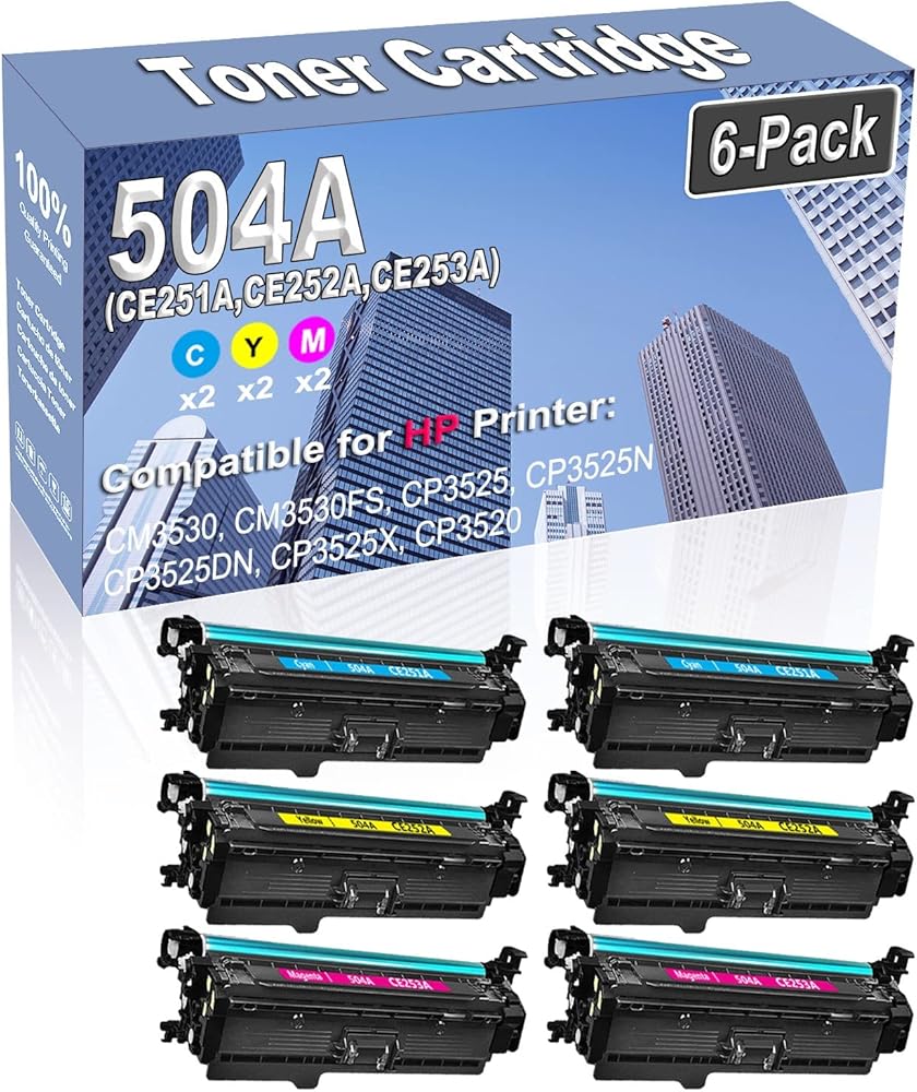 6-Pack (2C/2Y/2M) Compatible High Capacity 504A (CE251A CE252A CE253A) Color Toner Cartridge use for HP CM3530 CM3530FS CP3525 CP3525N CP3525DN CP3525X CP3520 Printer