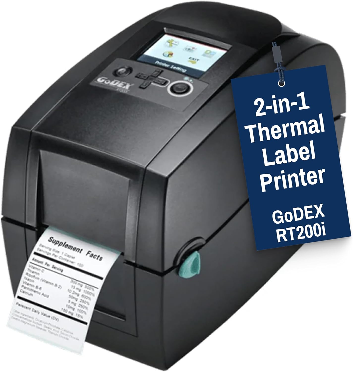 McAuley Labels GoDEX RT200i 2” Thermal Transfer Label Printer – 203 DPI Compact Barcode Printer for Product & Asset Labels – USB, Ethernet