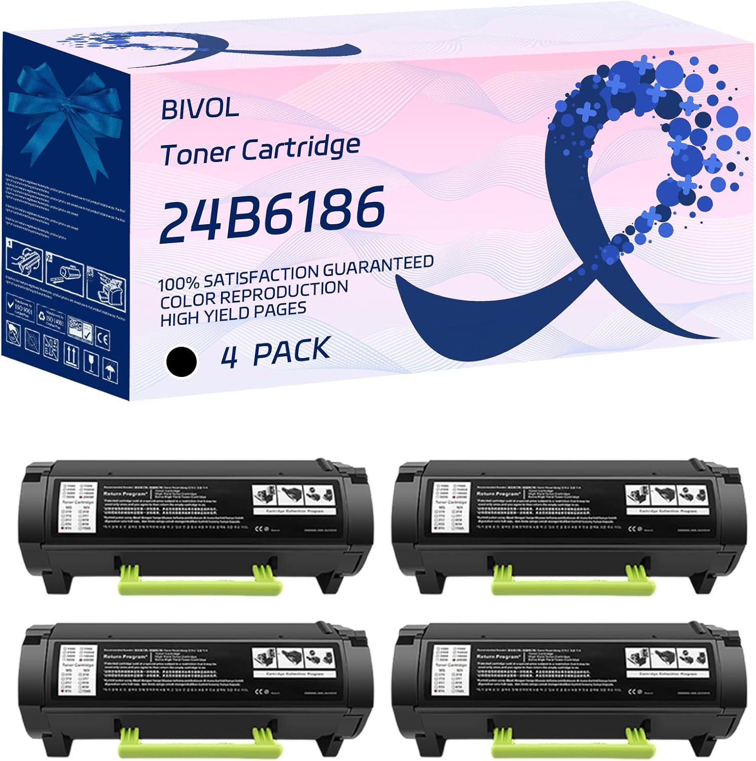 BIVOL 24B6186 Toner Cartridge Compatible for Lexmark M3150 XM3150 XM3150h Printers, with Chip, High Yield 26000 Pages, Vivid Colors (4 Pack Black)