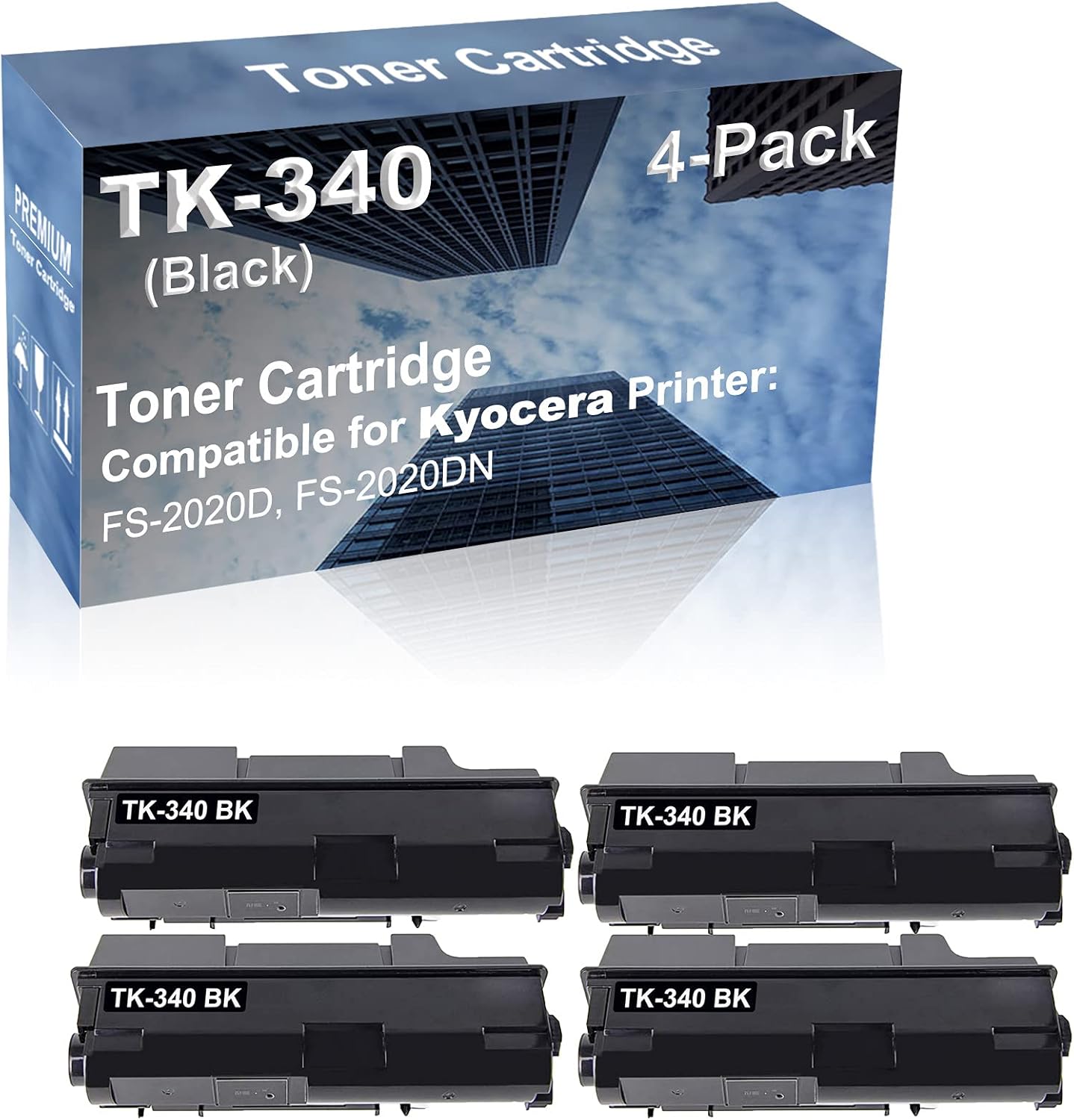 4-Pack Compatible High Capacity TK-340 TK340 Toner Cartridge use for Kyocera FS-2020D, FS-2020DN Printer (Black)
