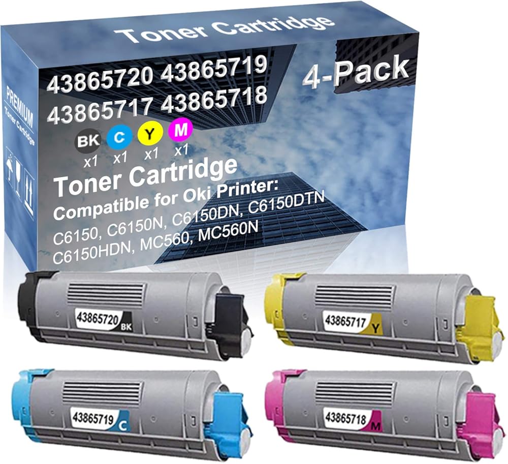 4-Pack (BK+C+Y+M) Compatible High Yield 43865720+ 43865719+ 43865717+ 43865718 Laser Printer Toner Cartridge Used for MC560 MC560N Printer