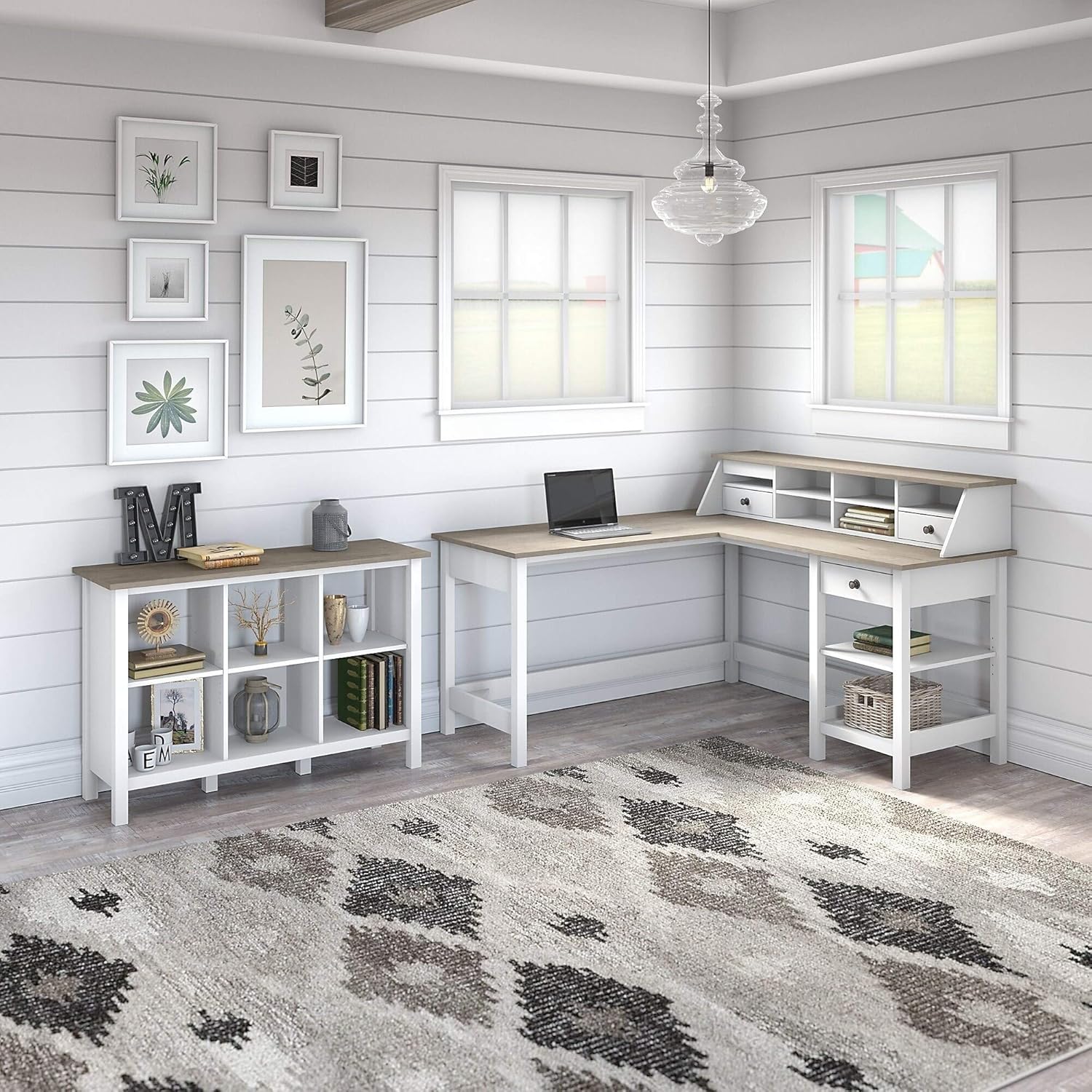 60w L Shaped Desk with 6 Cube Bookcase by White Rustic L-Shape MDF Pewter Finish