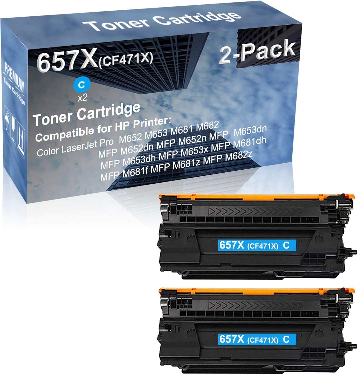 2-Pack (Cyan) Compatible High Capacity 657X (CF471X) Toner Cartridge use for M652, M653, M681, M682, MFP M652dn Printer