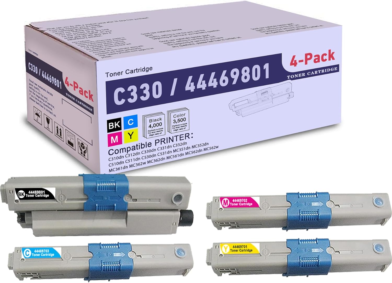 SLIKIA 4 Pack BK/C/M/Y 44469801 Compatible C330 Toner Cartridge, Replacement for OKI C330 (44469801) - Compatible with: C310dn C530dn MC351dn MC352dn MC562dn MC562w Printer | Up to 4,000 Pages 1 Each
