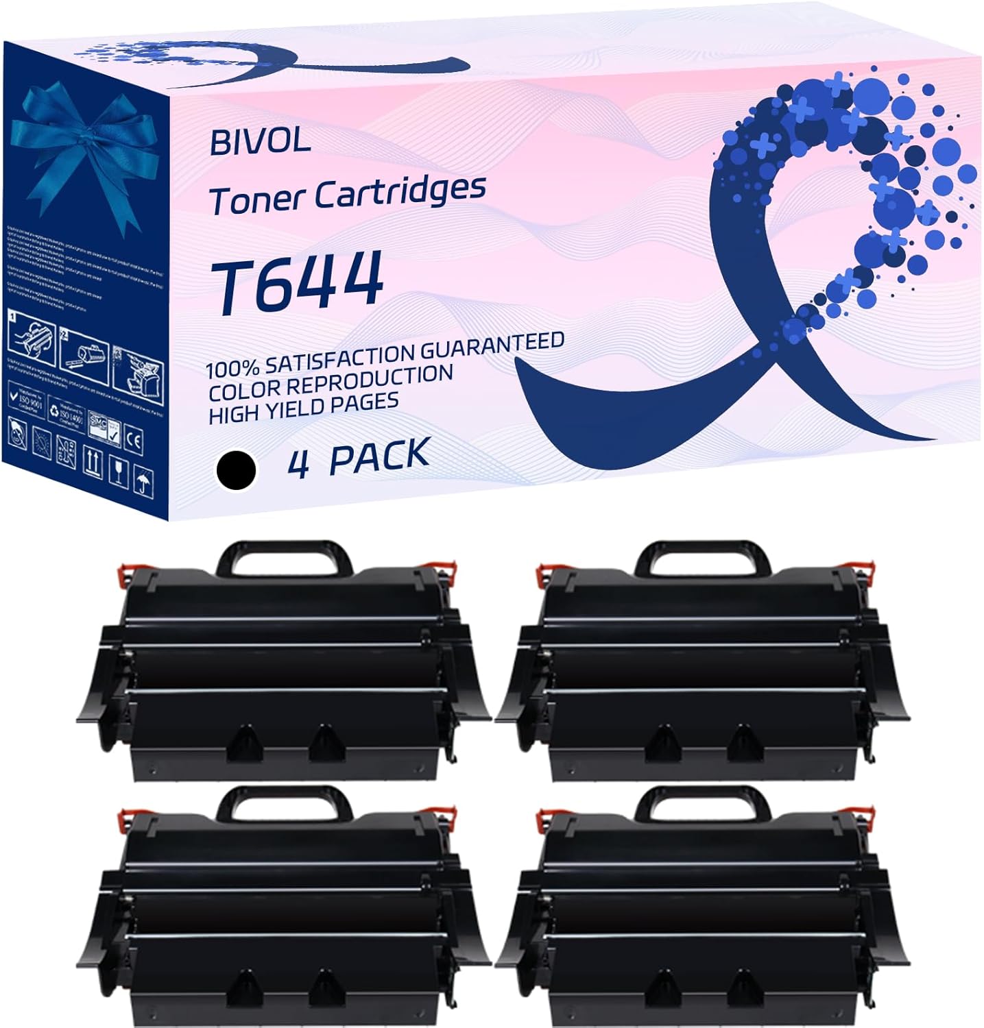 BIVOL T644 Toner Cartridges Compatible for Lexmark T644 T644DN T644DTN T644N T644TN Printers, with Chip, High Yield 33000 Pages, Vivid Colors (4 Pack Black)