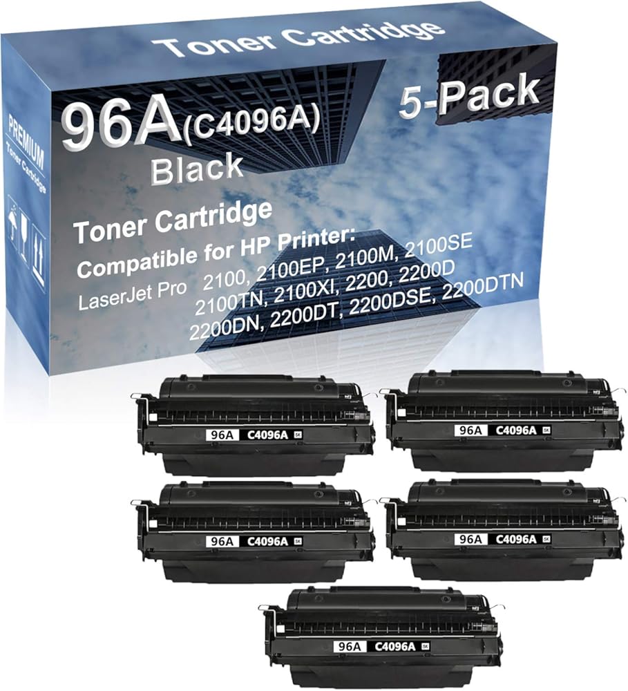 5-Pack Compatible High Yield 2100TN, 2100XI, 2200, 2200D Printer Cartridge Replacement for (C4096A) 96A Toner Cartridge (Black)