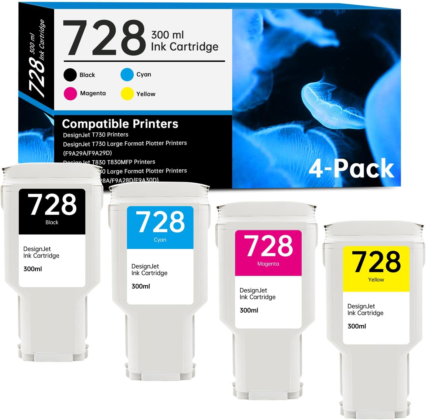 VivEto 728 Ink Cartridge 300ml Set with New Chip Replacement for HP 728 Ink Cartridges 728XL F9J68A F9J67A F9J66A F9J65A for DesignJet T830 MFP DesignJet T730 Large Format Plotter Printers, 4 Pack