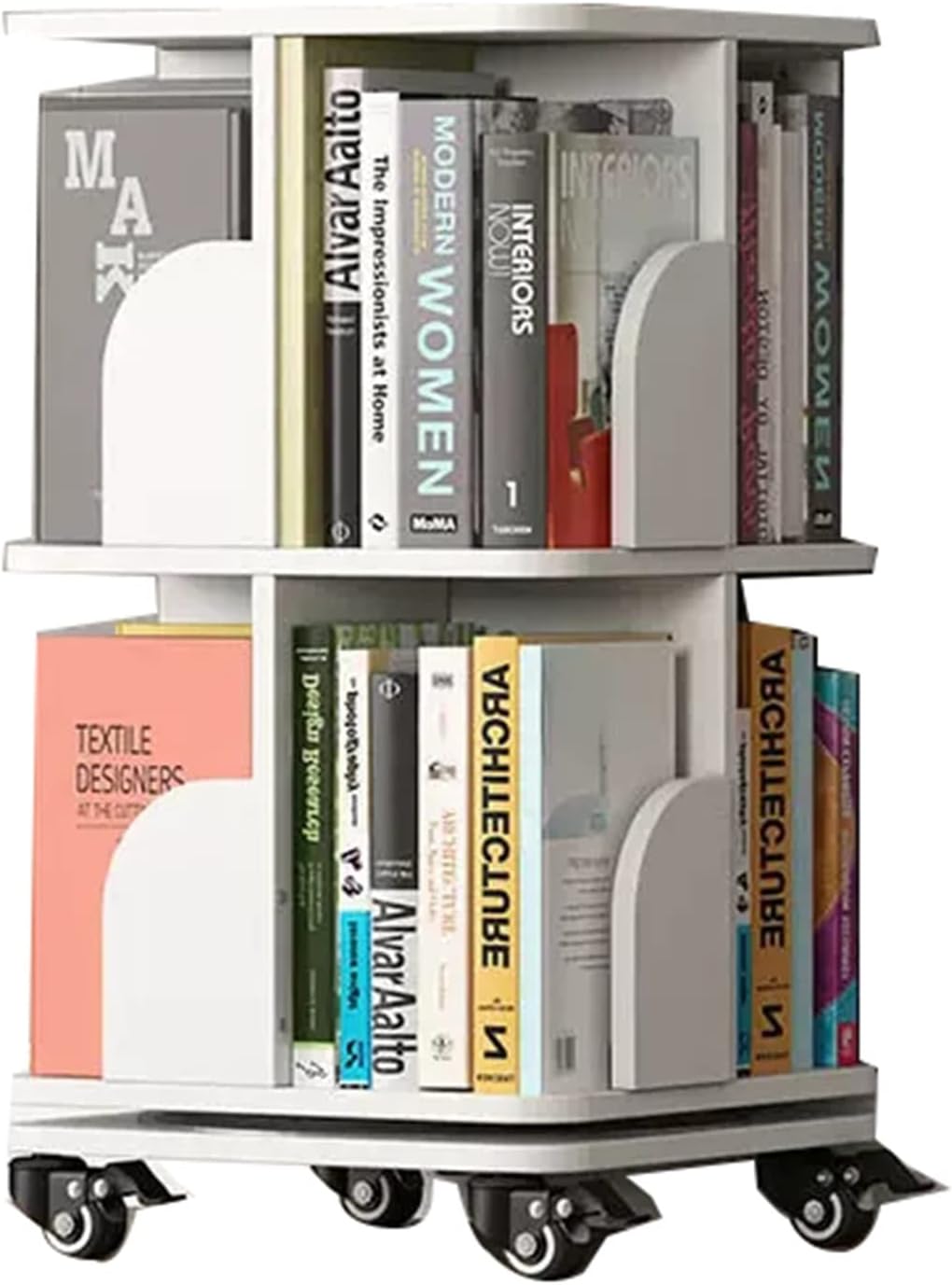 IOCCIOBB Bookcases Rotating Bookshelf 360° Shelf Movable Bookcase Home Bookshelf with Wheels 2/3/4 Layers to Save Space (Color : White, Size : 40 * 40 * 106cm)