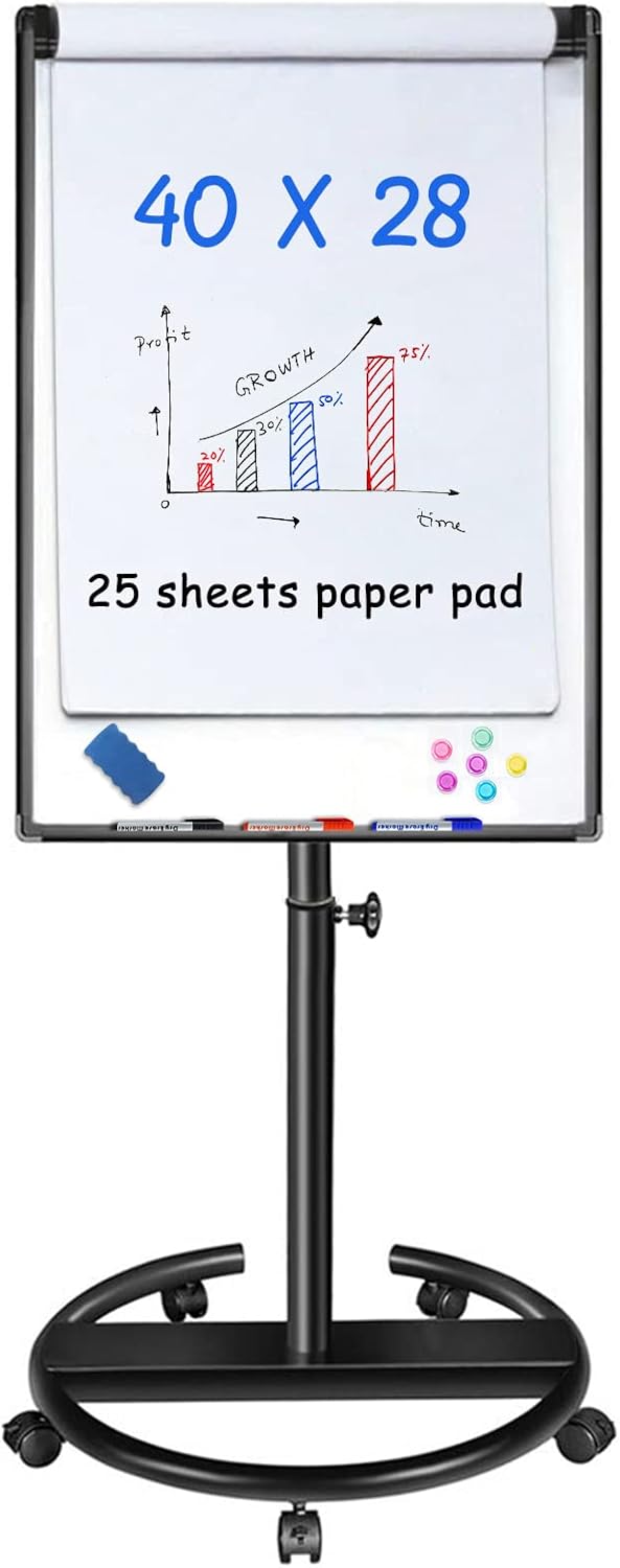 maxtek Mobile Dry Erase Board – 40x28 inches Magnetic Portable Whiteboard Stand Easel White Board Flipchart Easel Board with 25 Sheets Paper Pad