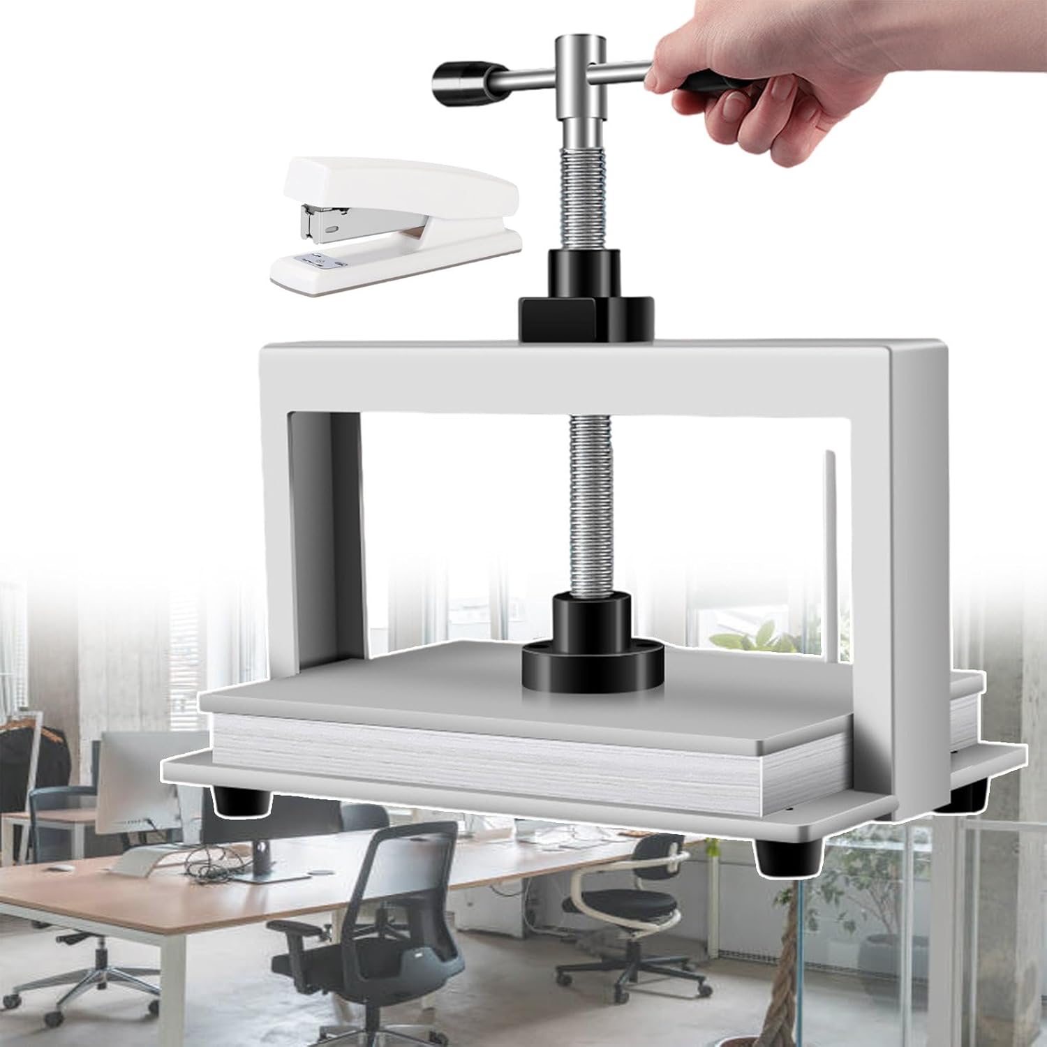 forplubossmmp Paper Press Bookbinding Press Machine + Stapler, Manual Paper Flattening Nipping Machine 1500kg Paper Pressing Pressure - Double Balance Rod Design, Even Force On Paper Pressing