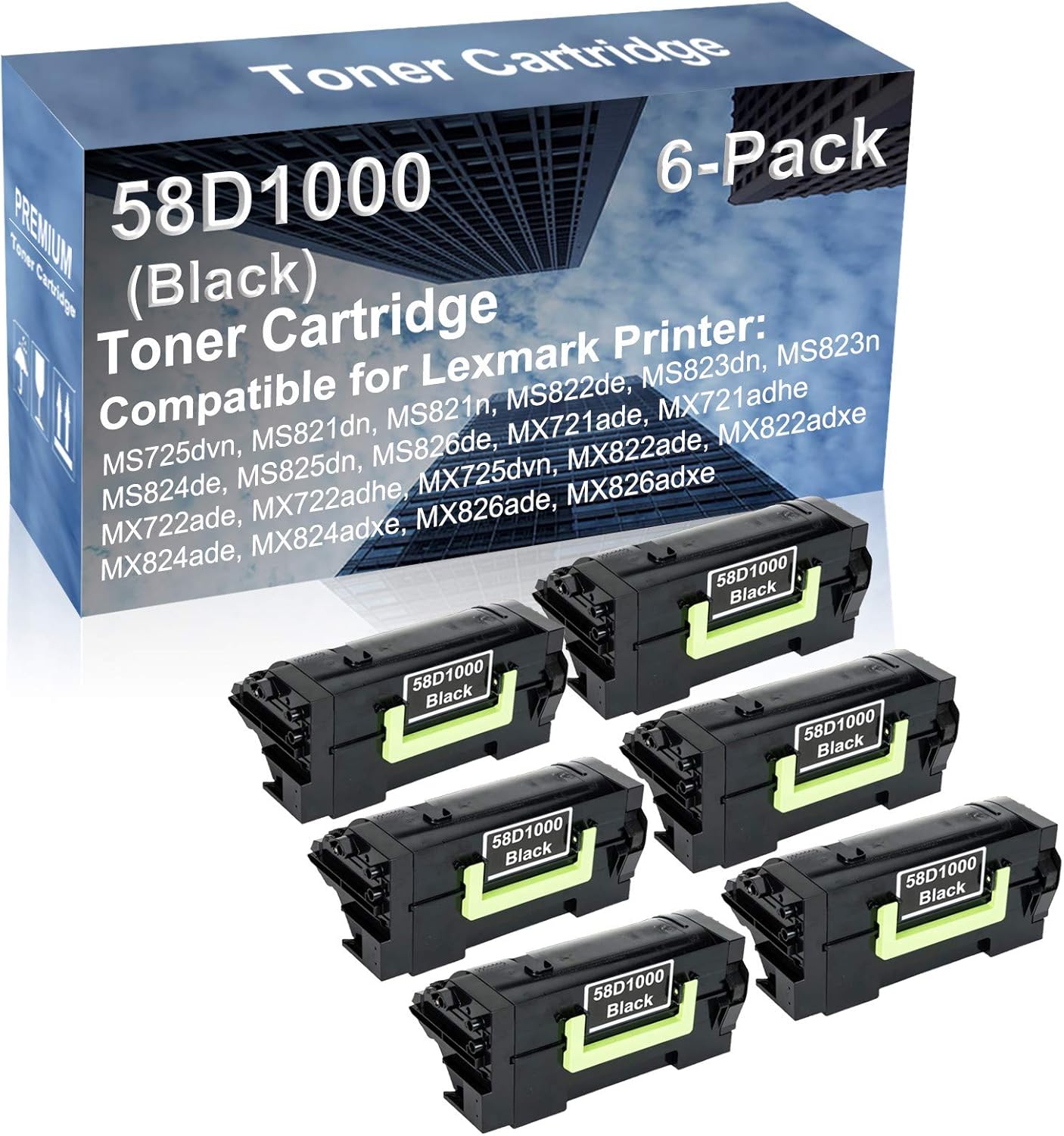 6-Pack Compatible High Capacity 58D1000 Printer Cartridge use for MS825dn, MS826de, MX721ade, MX721adhe, MX722ade, MX722adhe, MX725dvn Printer (Black)