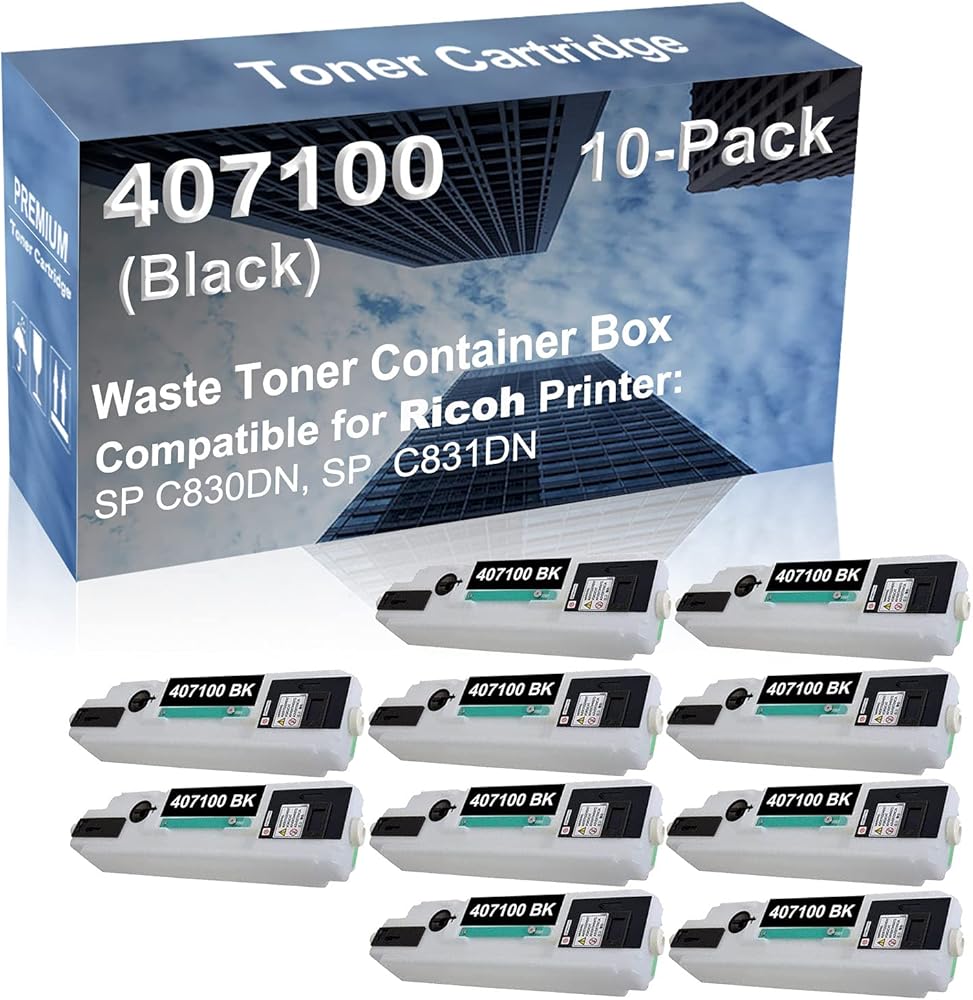 10-Pack Compatible High Capacity 407100 Printer Waste Toner Container Box use for Ricoh SP C830DN, SP C831DN (Black)