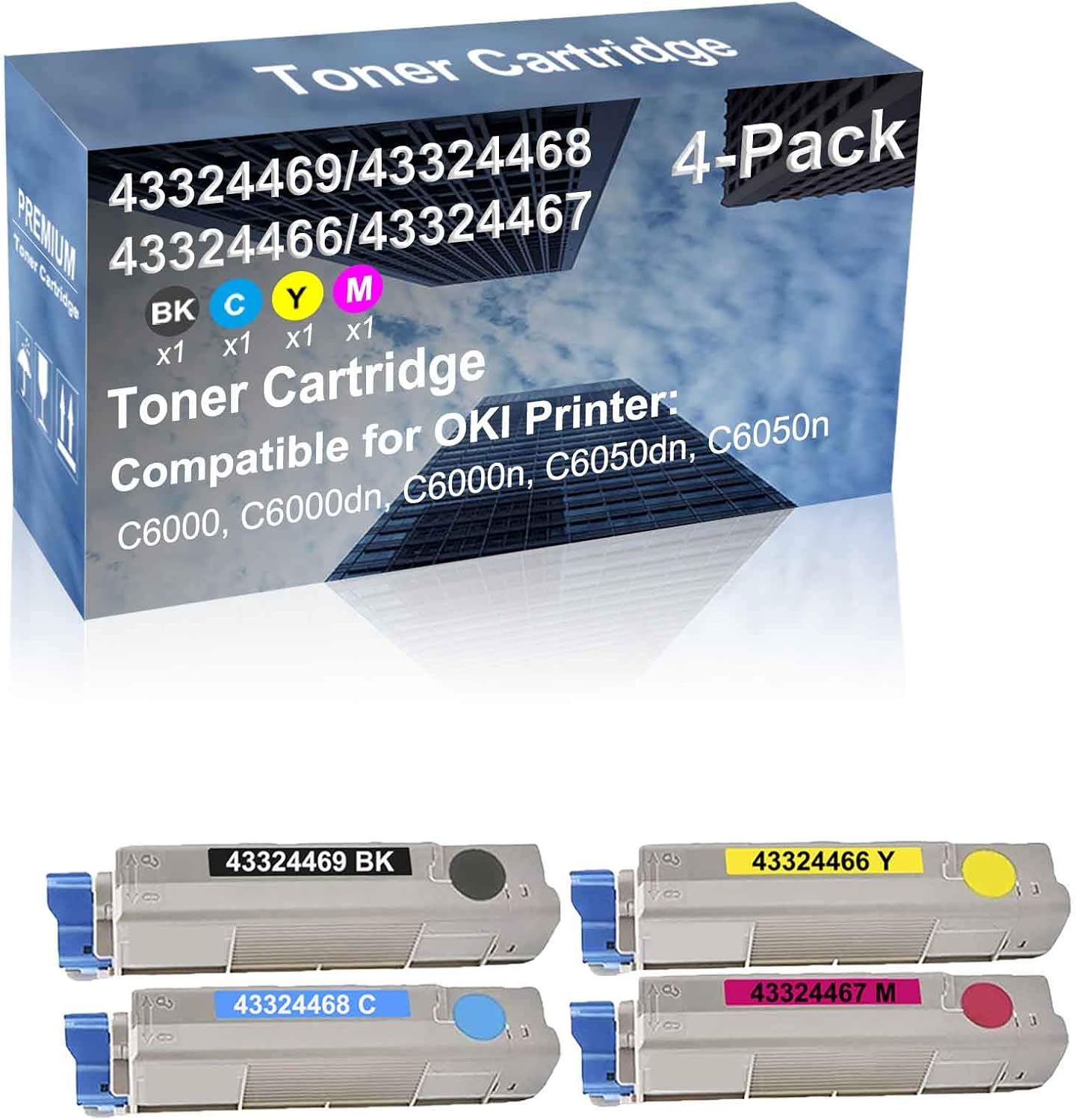 4-Pack (BK+C+Y+M) Compatible High Capacity (43324469+ 43324468+ 43324466+ 43324467) Toner Cartridge Used for C6000, C6000dn Printer