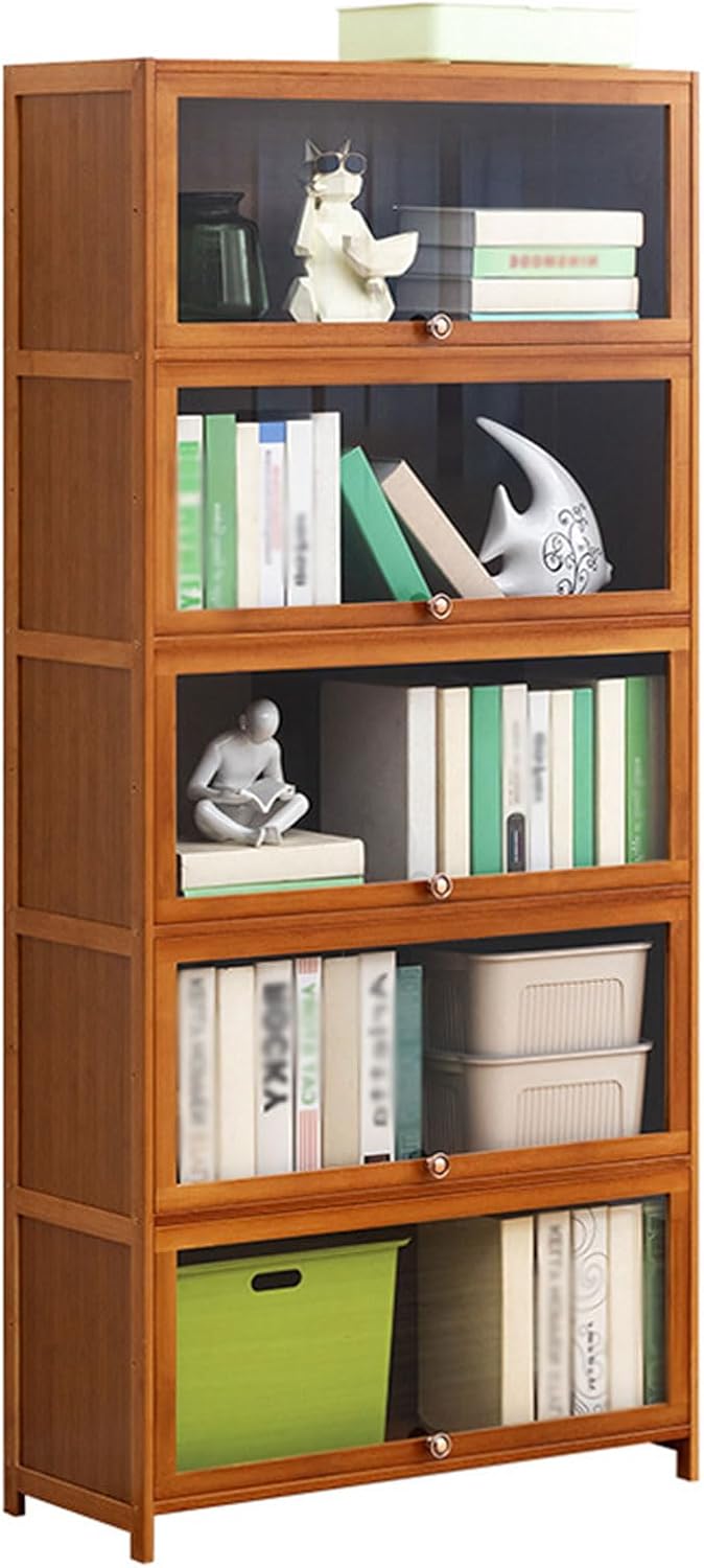 HUHJYUGE Bamboo 4/5-Tier Display Case Bookcase with Clear Acrylic Flip-Up Doors, Wide Brown Kitchen Cabinet Storage Pantry Cabinet Showcase Storage Cabinet Organizer (5 Tier 80cm)