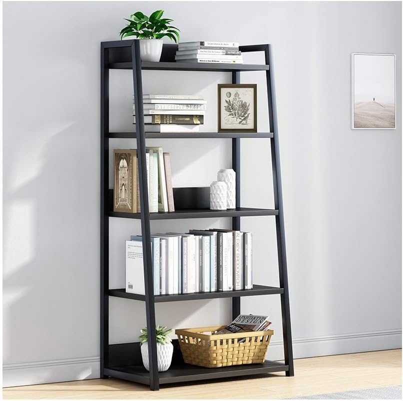 Bookshelf Tall Standing Bookshelf Industrial Bookcase with Metal Frame Multipurpose Storage Display Rack Ladder Shelves for Home and Office (Color : Black 60cm, Size : 3 Layers)