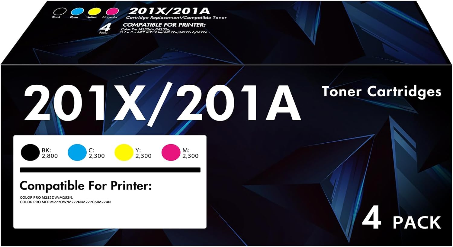 201X Toner Cartridge 4 Pack High Yield M277dw Compatible for HP 201X 201A M252dw CF400X Color Pro MFP M277dw M277c6 CF401X CF402X CF403X Printer Black/Cyan/Yellow/Magenta
