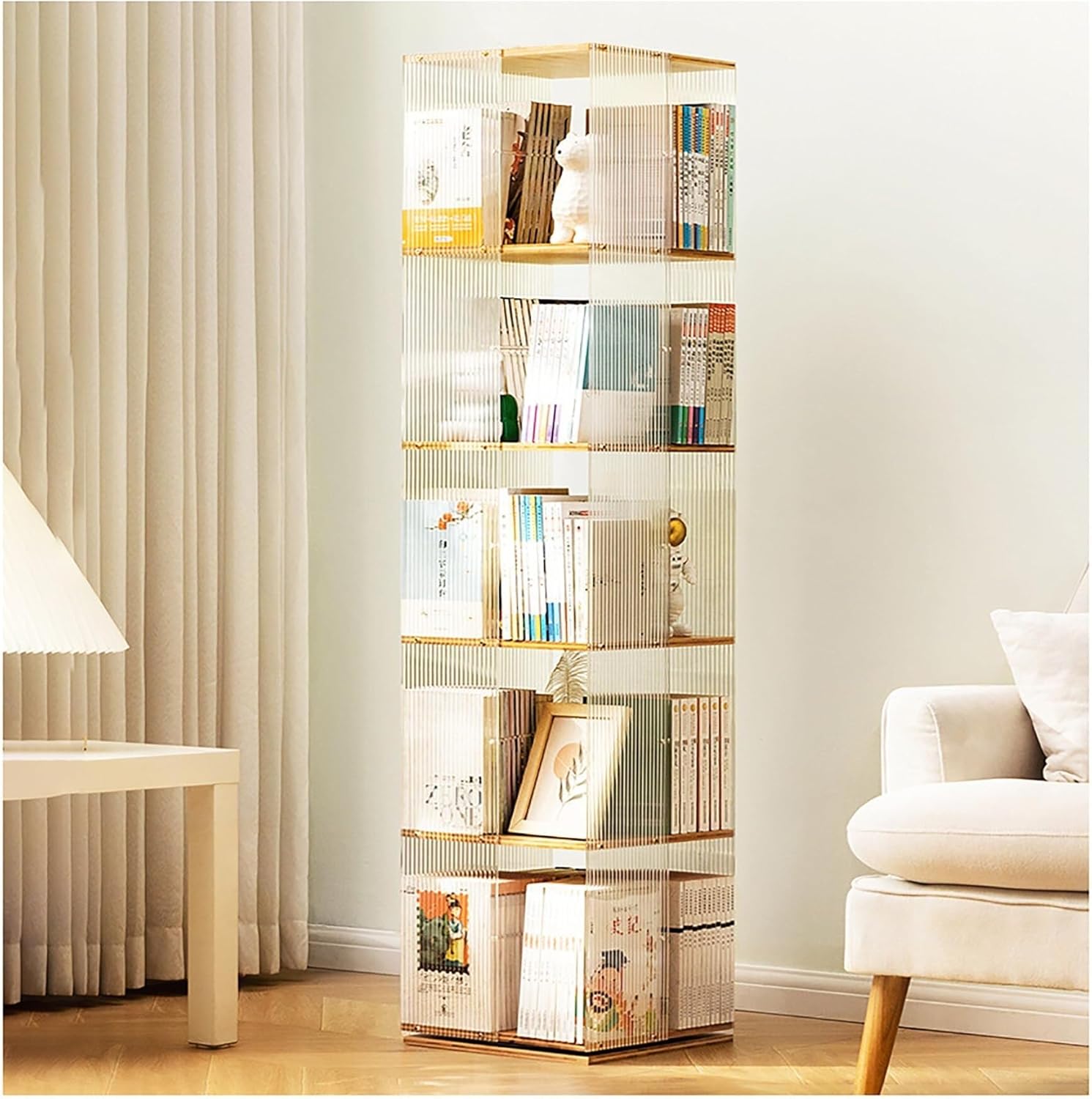 ZHANGLEIYV 360° Rotating Vertical Bookshelf Tower, Clear Acrylic & Wood Swivel Bookcase, Space-Saving Multi-Tier Storage Rack(Stripes,5Tier)