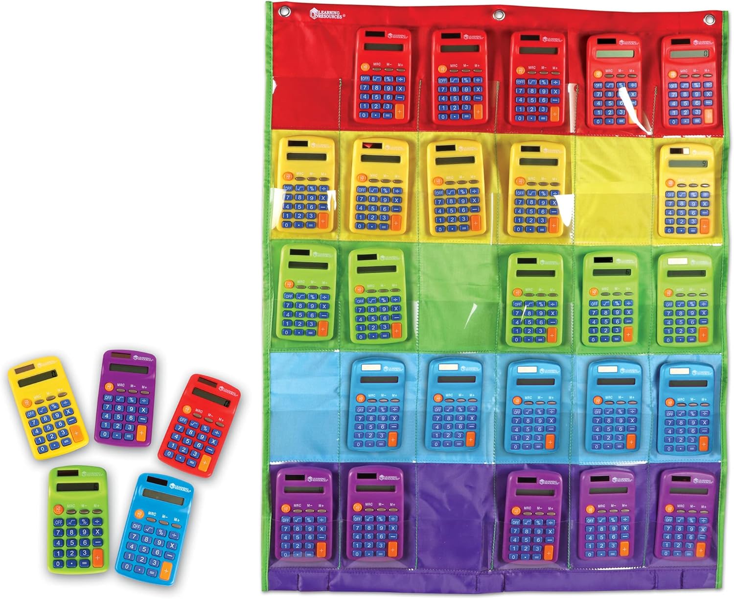 Learning Resources Rainbow Calculator & Storage Chart, Set of 30 Classroom Calculators, Ages 3+