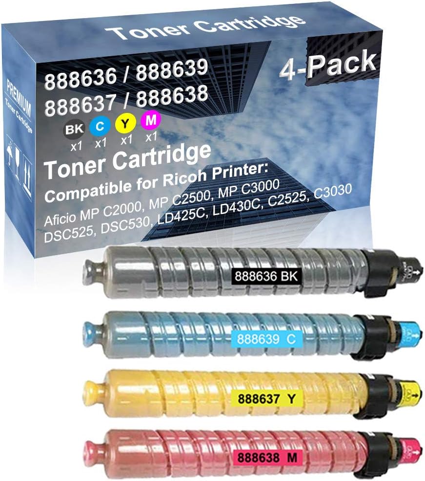 4-Pack (BK+C+Y+M) Compatible DSC525, DSC530, LD425C Printer Toner Cartridge High Capacity Replacement for Ricoh 888636 888639 888637 888638 Toner Cartridge