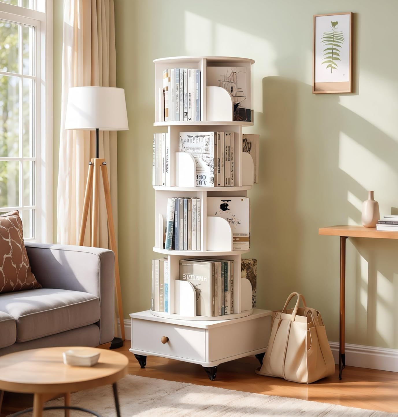 AJLDN Rotating Bookshelf Tower, Spinning Bookcase with Large Capacity, 360-Degree Display 5-Tier Corner Bookshelf for Small Spaces, Floor Standing Narrow Organizer,White-MDF