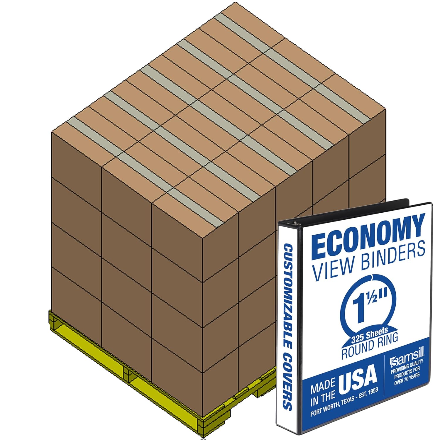 Samsill Economy 1.5 Inch 3 Ring Binder Bulk Pallet, Made in The USA, Round Ring Binder, Customizable Clear View Cover, Black, Pallet of 720 Binders in 60 Cartons