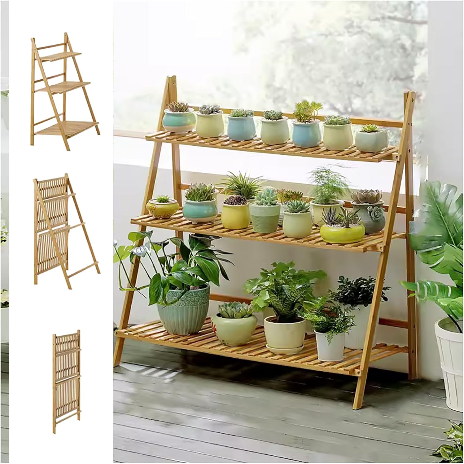 Atkits Collapsible Ladder Bookshelf Open Shelf Bookcase Wood Plant Stand Indoor Ladder Style for Corner Balcony Window Patio Living Room,L39.3in/100cm
