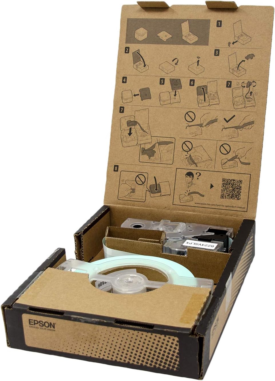 Epson LABELWORKSPX B224VSLPX Genuine Bulk Continuous Self Laminating Overwrap Vinyl Tape - Black on White Flexible and Durable Vinyl Industrial Label Maker Tape - 1