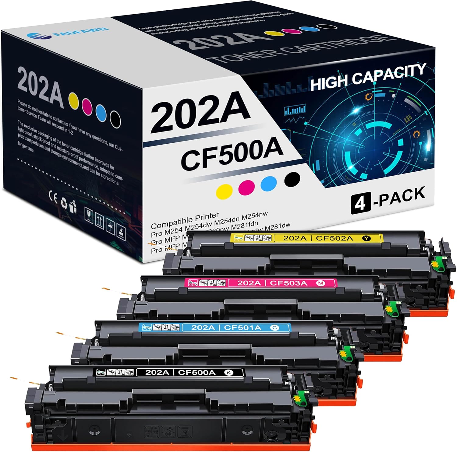 202A Toner Cartridges 4 Pack(BK/C/M/Y): Compatible CF500A CF501A CF502A CF503A Toner Replacement for HP 202A for Pro MFP M281fdw M281cdw M281dw M281fdn M280nw Pro M254dw M254dn M254nw Printer