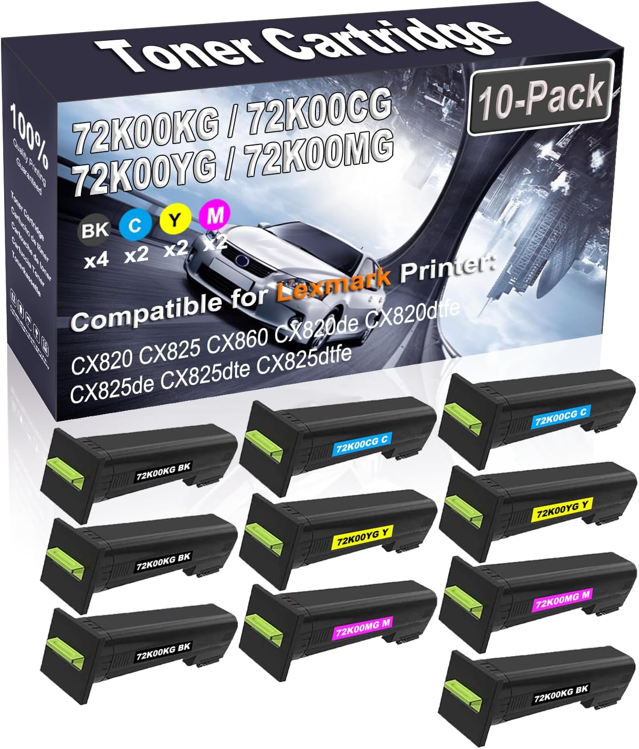 Kolasels 10-Pack (4BK+2C+2Y+2M) Compatible High Yield 72K00KG 72K00CG 72K00YG 72K00MG Printer Toner Cartridge use for CX820 CX825 CX860 CX820de CX820dtfe CX825de Printers