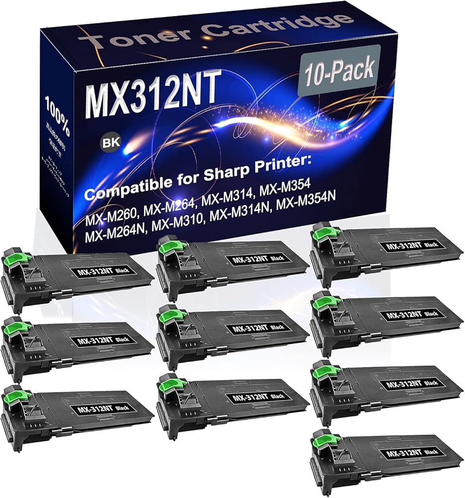 Kolasels 10-Pack (Black) Compatible High Yield MX312NT (MX-312NT) Printer Cartridge use for Sharp MX-M260 MX-M264 Printer