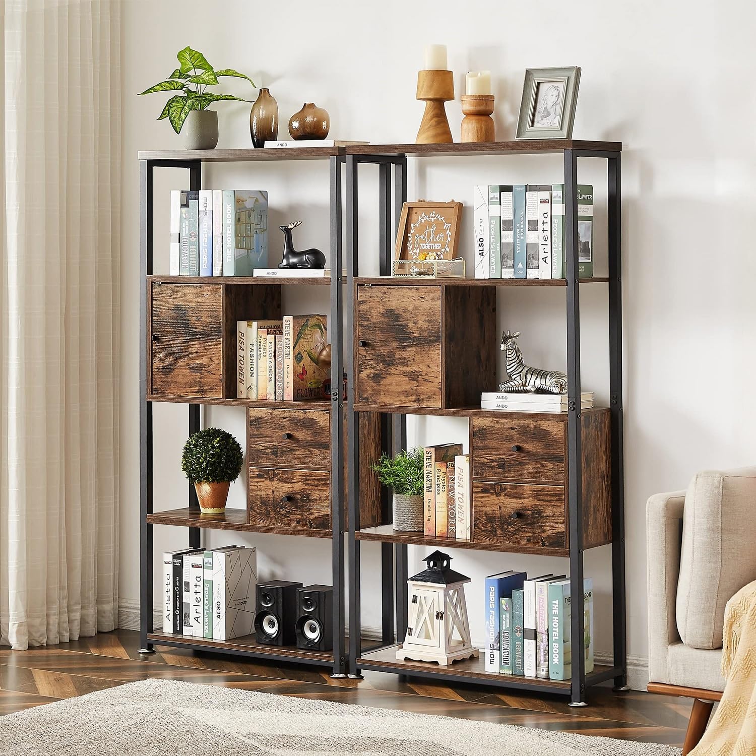 VECELO 4-Tier Book Case Storage Bookshelf with Rack Shelves and Drawers for Living Room, Home Office, Library, Multifunctional,Rustic Brown Set of 2