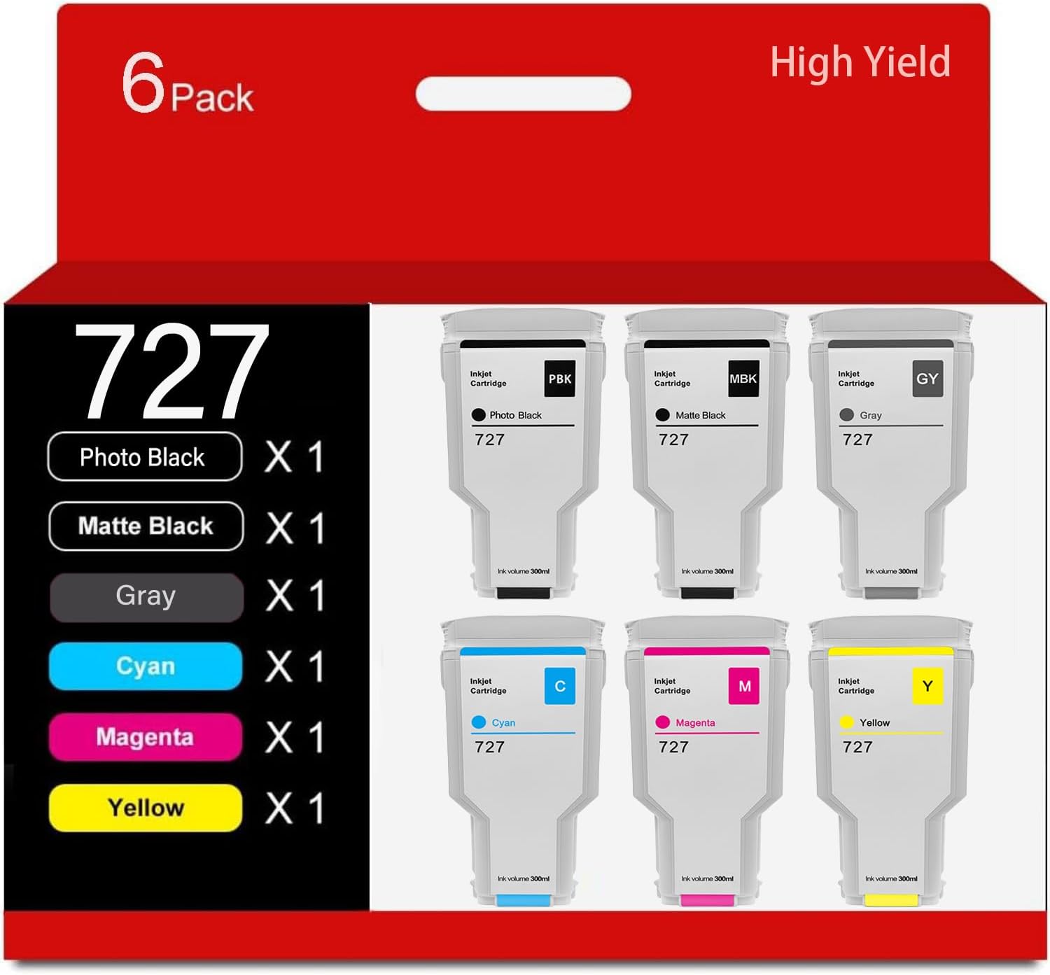 GTPRI 727 Compatible for HP 727 Ink Cartridge 300ML for HP DesignJet T920 T930 T1500 T1530 T2500 T2530 Printer Ink 6-Pack (Photo Black/Matte Black/Gray/Cyan/Magenta/Yellow)