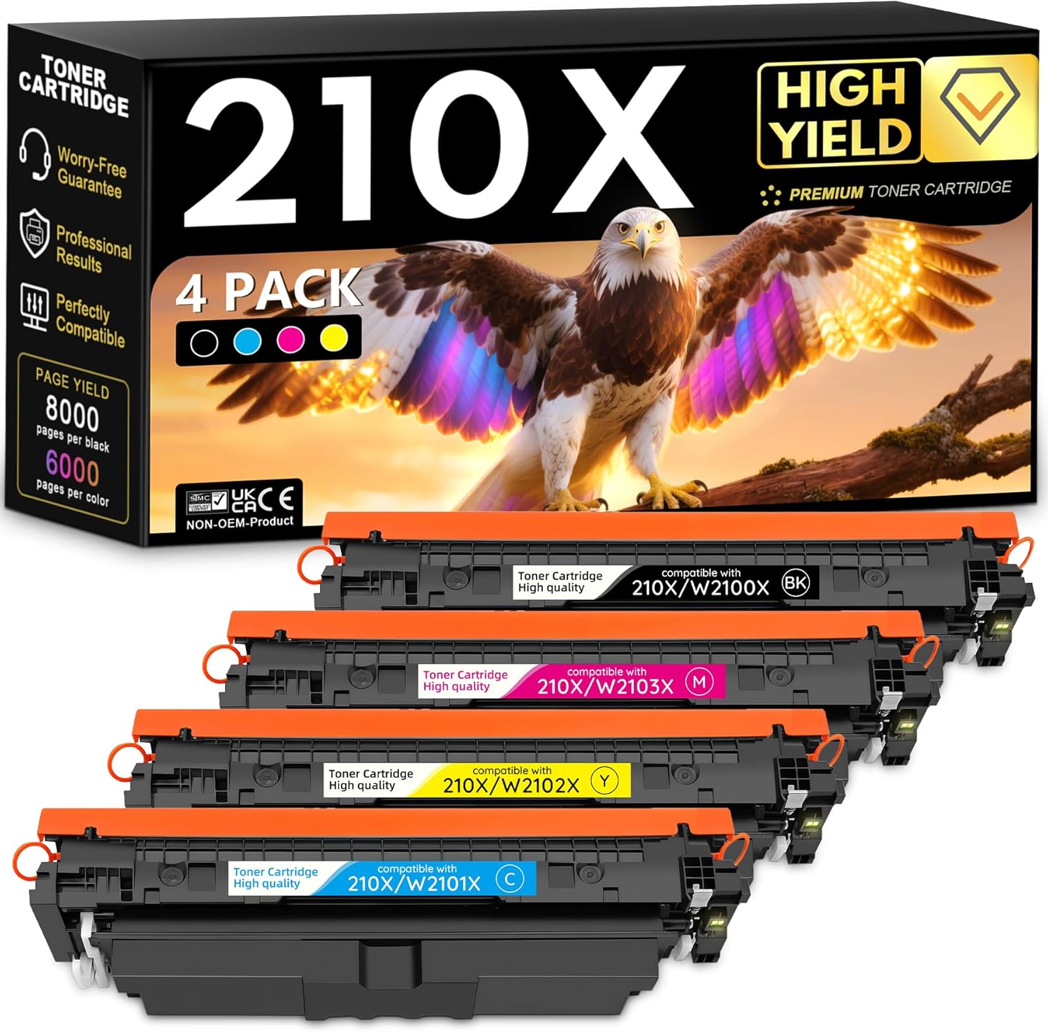 210X High Yield Toner Cartridge Set 4-Pack With Chip Black Cyan Magenta Yellow Replacement for HP 210X W2100X W2101X W2102X W2103X Toner Cartridge for Color Pro 4201,Color Pro MFP 4301 Series Printers