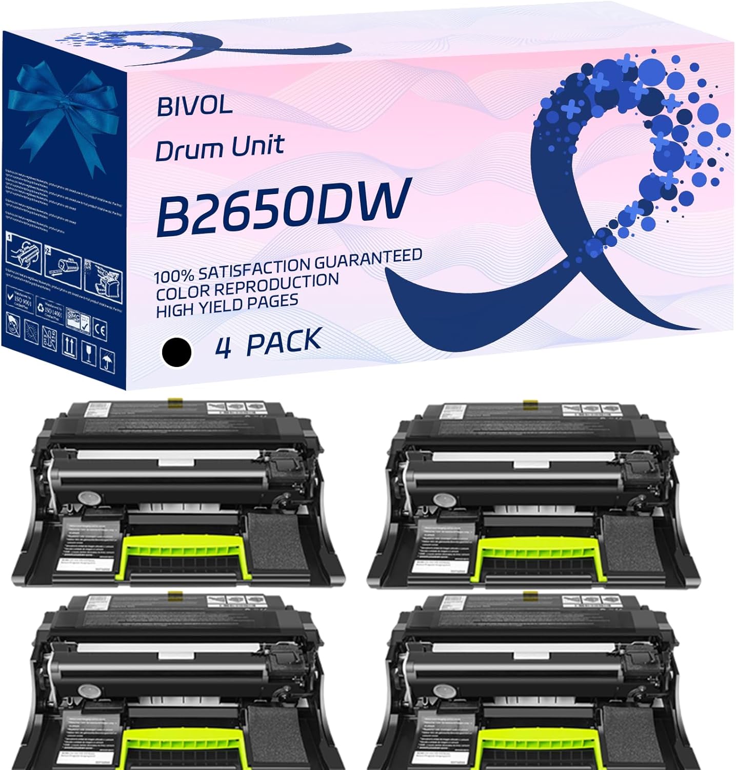 BIVOL B2650DW Drum Unit Compatible for Lexmark B2338dw B2442dw B2546dw B2650dw M1242 M1246 M3250 Printers, with Chip, High Yield 70000 Pages, Vivid Colors (4 Pack Black)