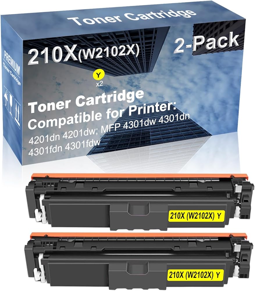 2-Pack (Yellow) Compatible 4201dn 4201dw; MFP 4301dw 4301dn 4301fdn 4301fdw Printer Toner Cartridge High Capacity Replacement for 210X (W2102X) Toner Cartridge (with Chip)