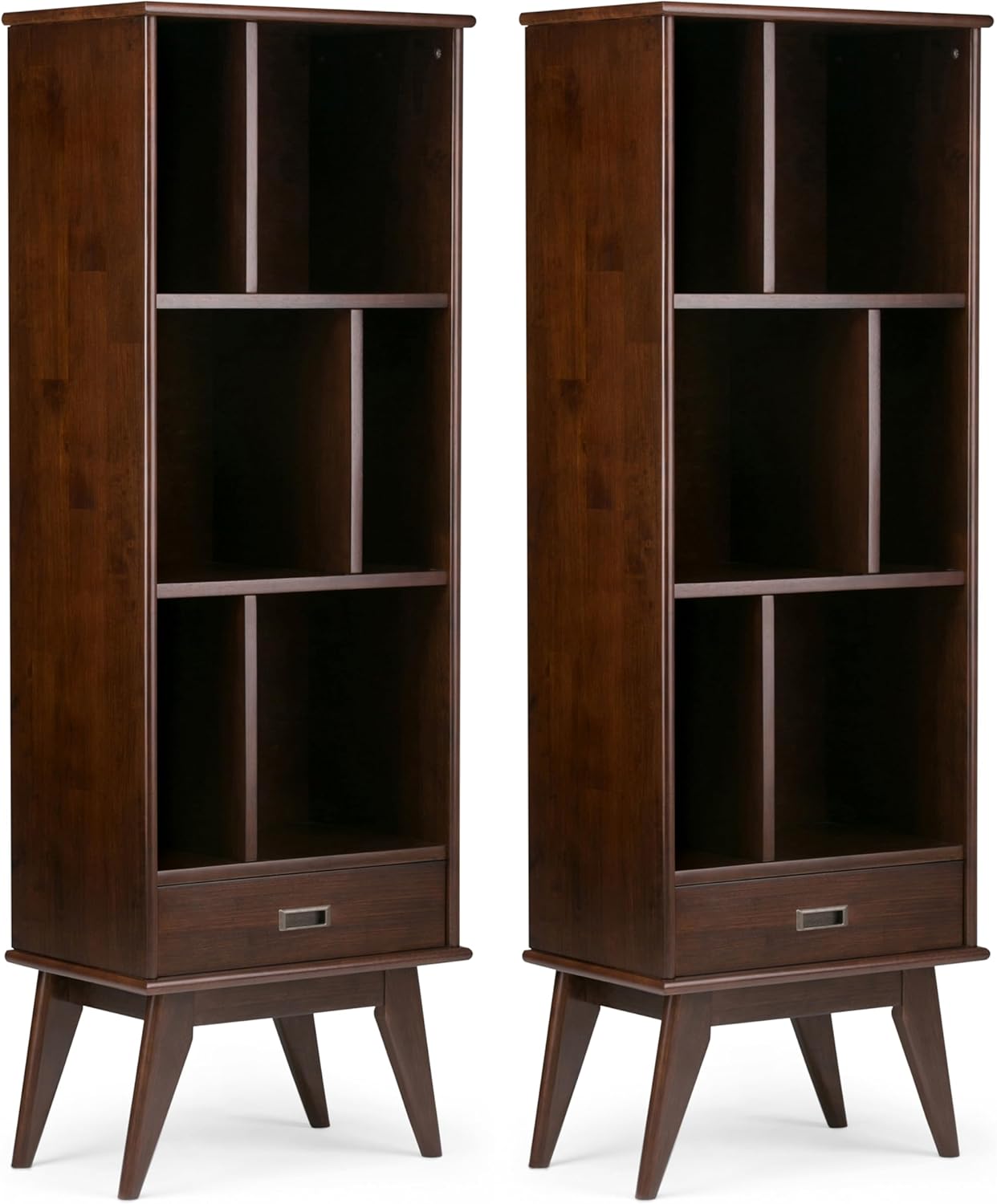 SIMPLIHOME Draper 22 inch Mid-Century Modern 6 Cubbie Bookcase with Drawer (Set of 2) in Medium Auburn Brown for The Living Room, Study Room and Office