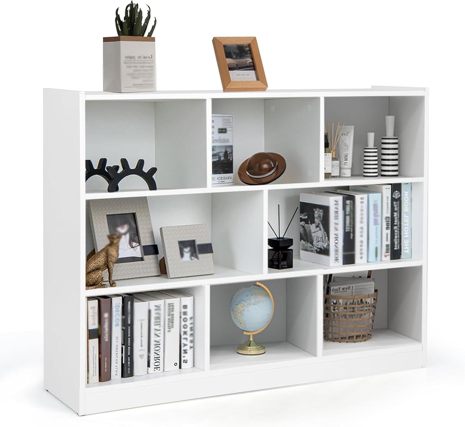 LOKORI 3 Tier Storage Bookcase for Small Spaces,Bookshelf Organizer with 8 Storage Cubes, Wood Storage Shelves Display Cabinet for Living Room, Bedroom,B